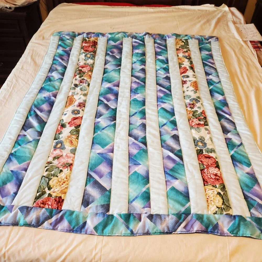Project Linus Handmade Quilted Blanket Floral Geometric Teal Purple 45x55